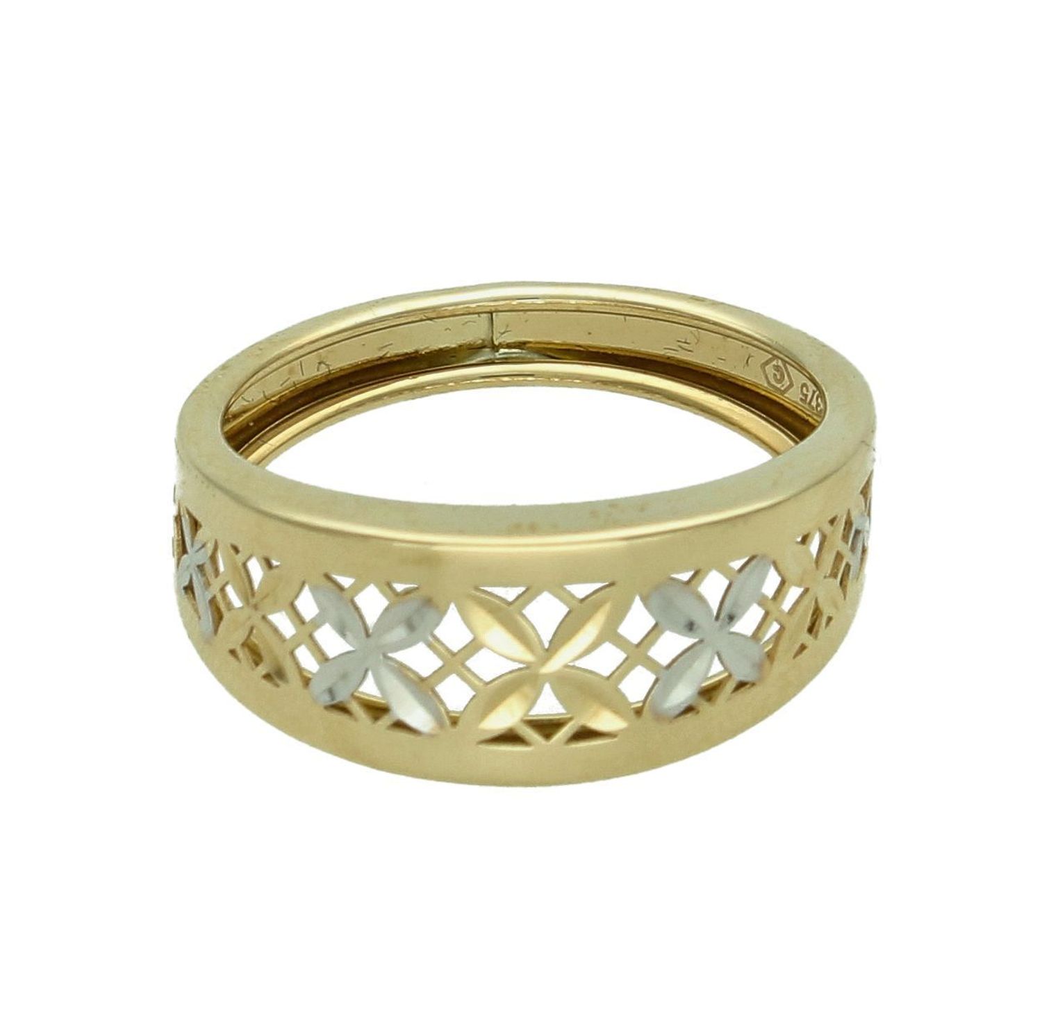 Złoty pierścionek damski 375 szeroki ażurowy z dodatkiem białego złota PI 3343 375. Złoty pierścionek damski. Pierścionek złoty damski o modnym wzorze. Złoty damski pierścionek próby 375. Pierścionek złoty dla kobiety na prezent (1).jpg